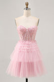 Sparkly Pink Corset Tulle Short Homecoming Dress with Lace