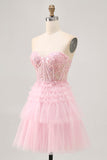 Sparkly Pink Corset Tulle Short Homecoming Dress with Lace