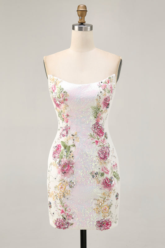 Sparkly White Short Floral Homecoming Dress with Sequins Tight Strapless Cocktail Dress