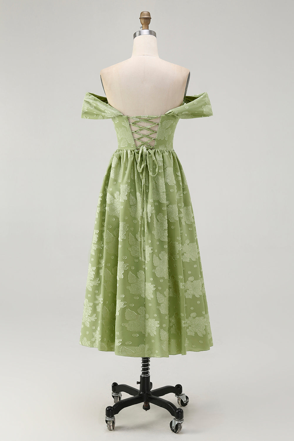 Sage Green Off the Shoulder Floral Midi Bridesmaid Dress