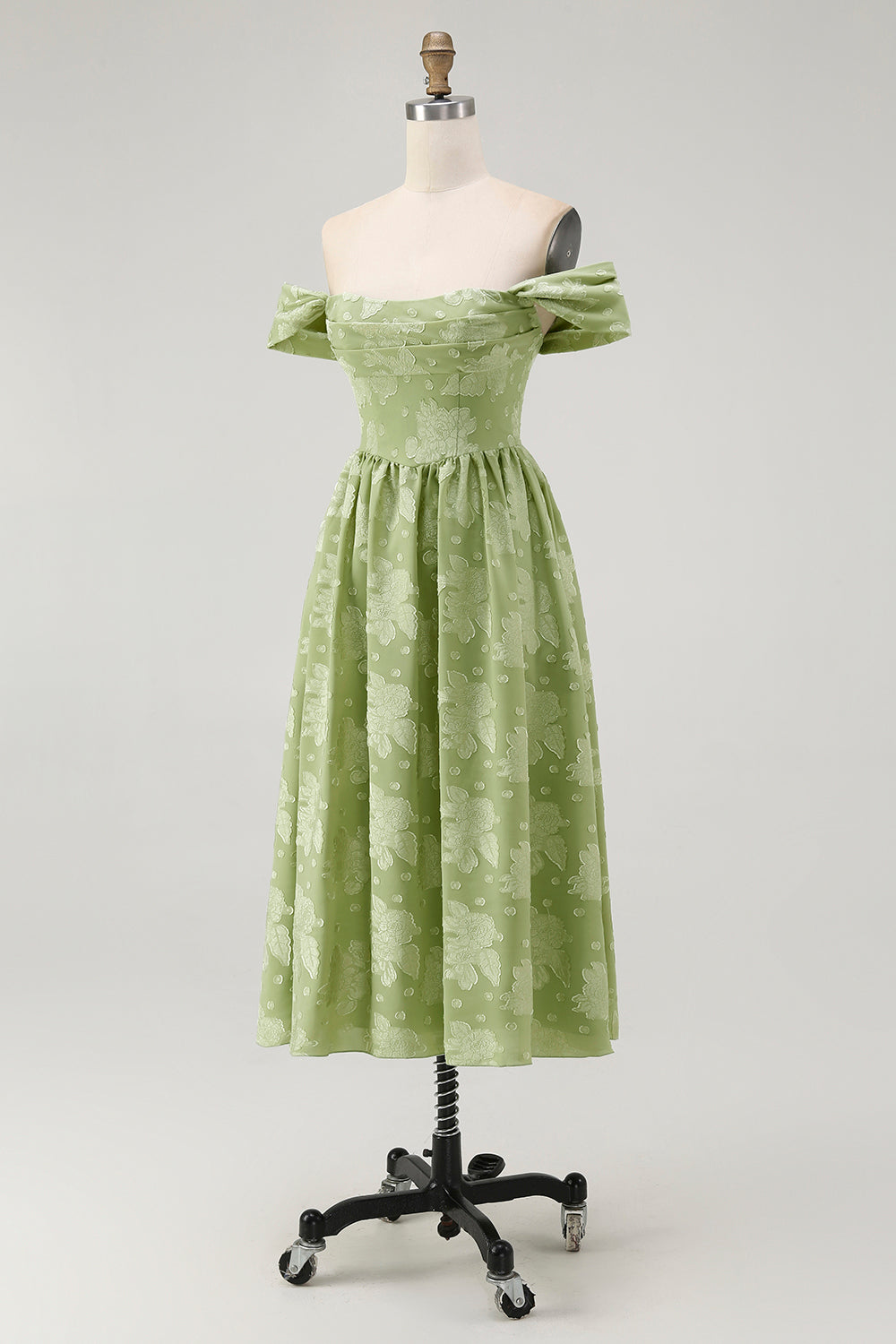 Sage Green Off the Shoulder Floral Midi Bridesmaid Dress