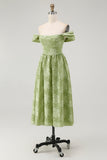 Sage Green Off the Shoulder Floral Midi Bridesmaid Dress