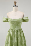 Sage Green Off the Shoulder Floral Midi Bridesmaid Dress