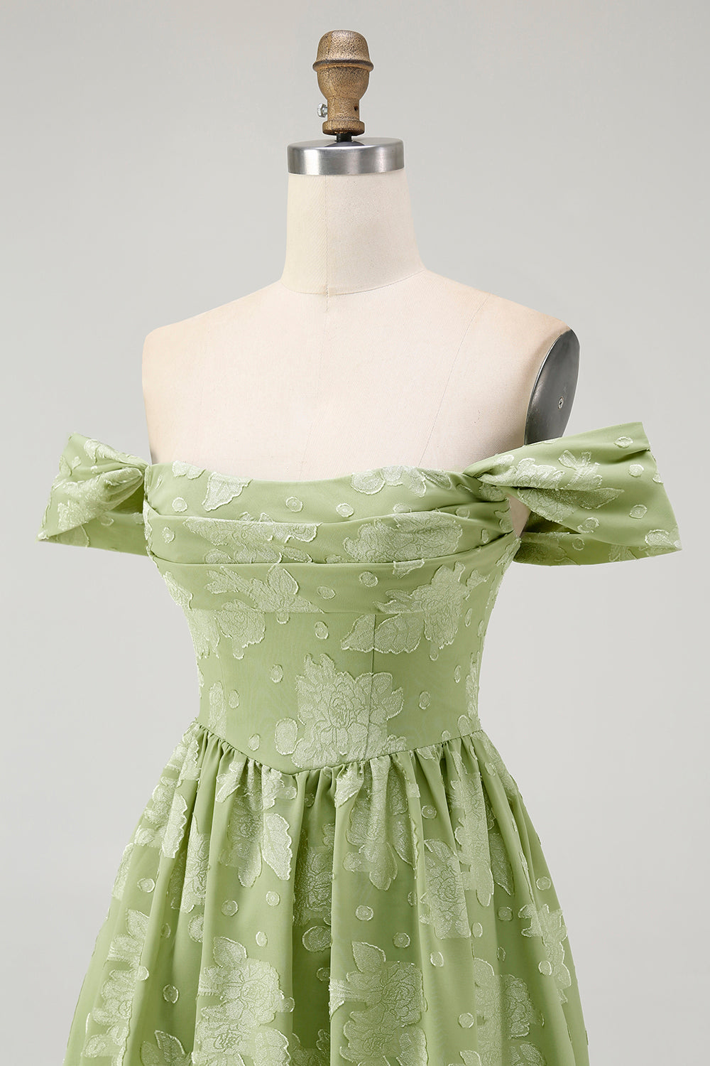 Sage Green Off the Shoulder Floral Midi Bridesmaid Dress