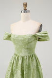 Sage Green Off the Shoulder Floral Midi Bridesmaid Dress