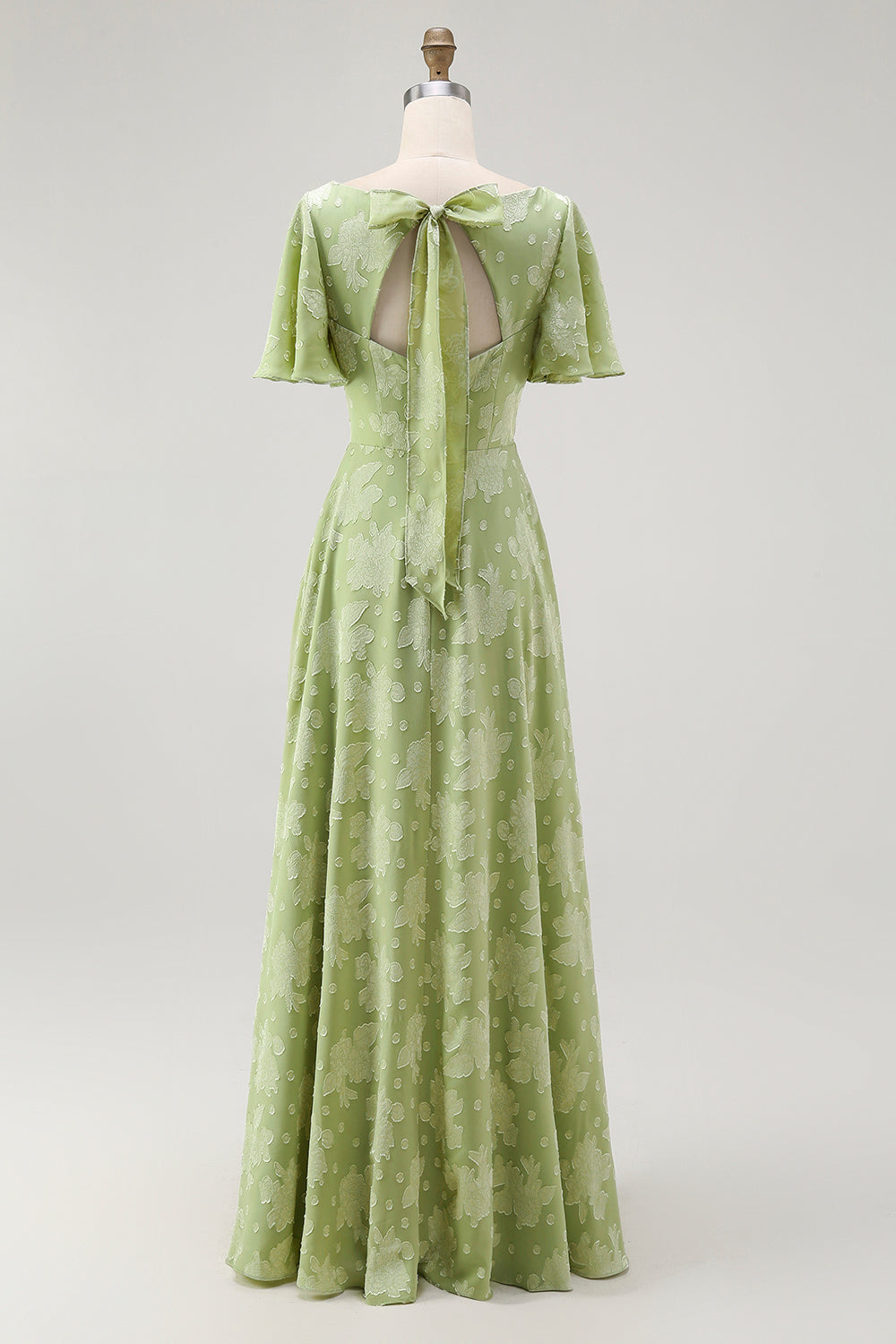 Sage Green Floral V-Neck A-Line Long Wedding Guest Dress