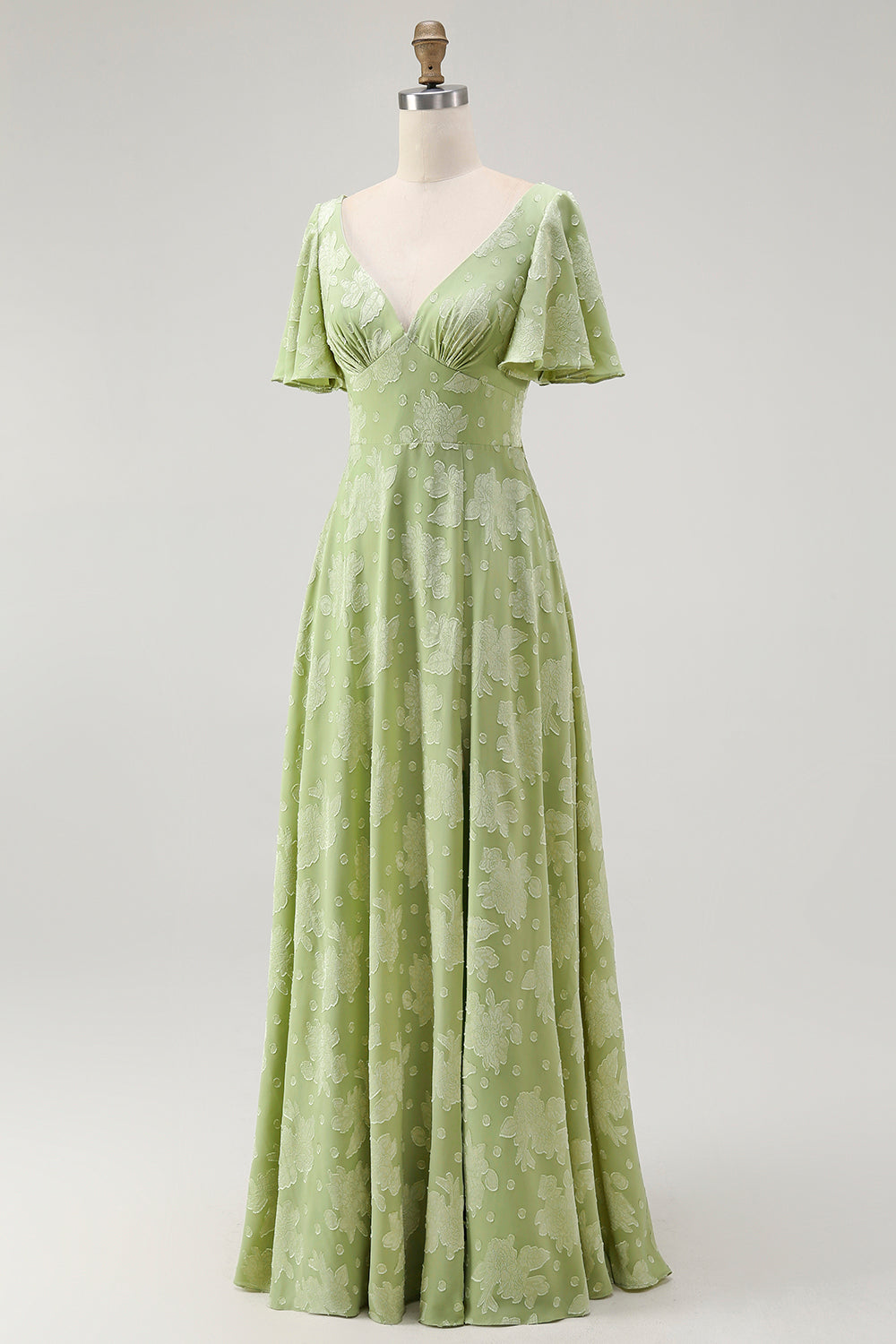 Sage Green Floral V-Neck A-Line Long Wedding Guest Dress
