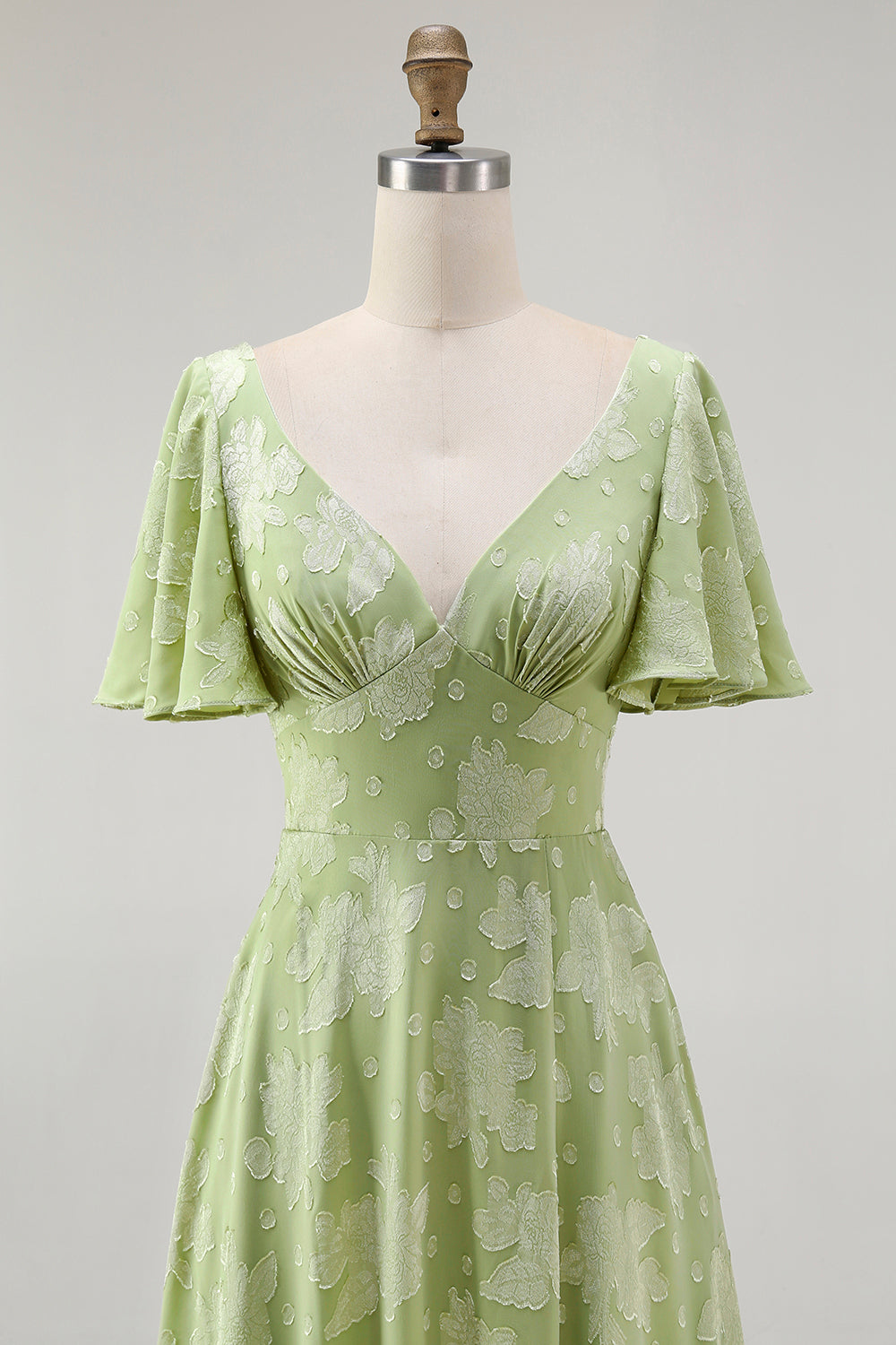 Sage Green Floral V-Neck A-Line Long Wedding Guest Dress