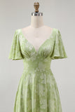 Sage Green Floral V-Neck A-Line Long Wedding Guest Dress