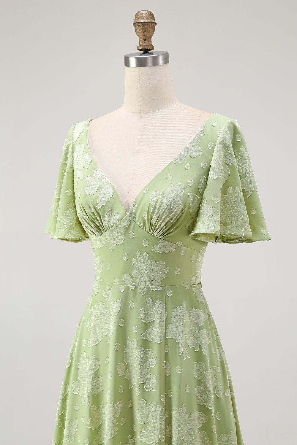 Sage Green Floral V-Neck A-Line Long Wedding Guest Dress