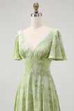 Sage Green Floral V-Neck A-Line Long Wedding Guest Dress