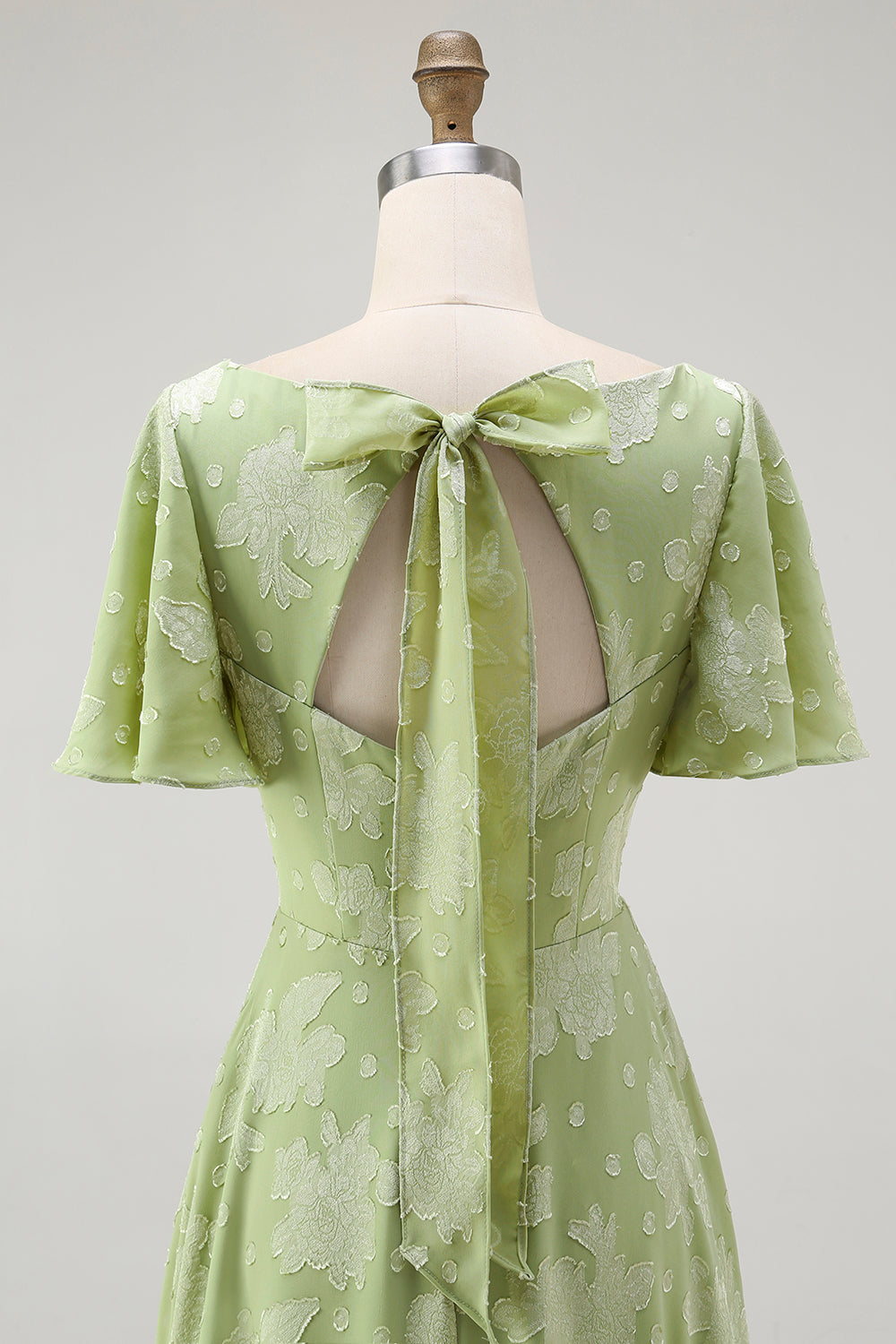Sage Green Floral V-Neck A-Line Long Wedding Guest Dress