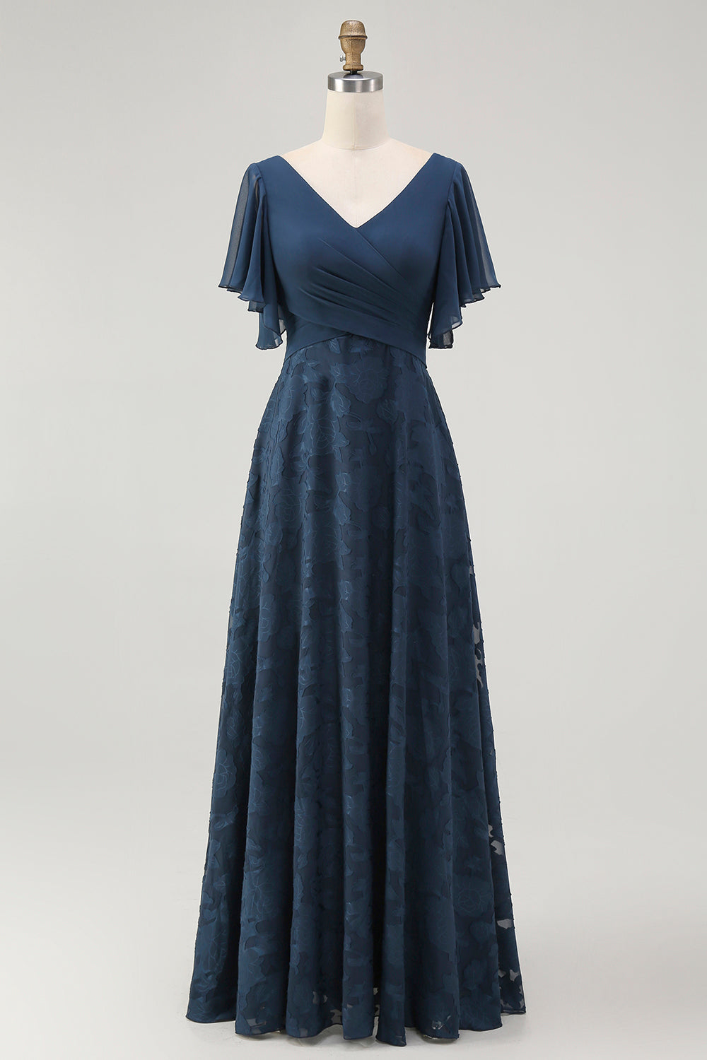 Navy V-Neck Floral Long Bridesmaid Dress with Sleeves