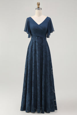 Navy V-Neck Floral Long Bridesmaid Dress with Sleeves