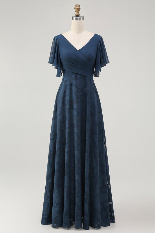 Navy V-Neck Floral Long Bridesmaid Dress with Sleeves
