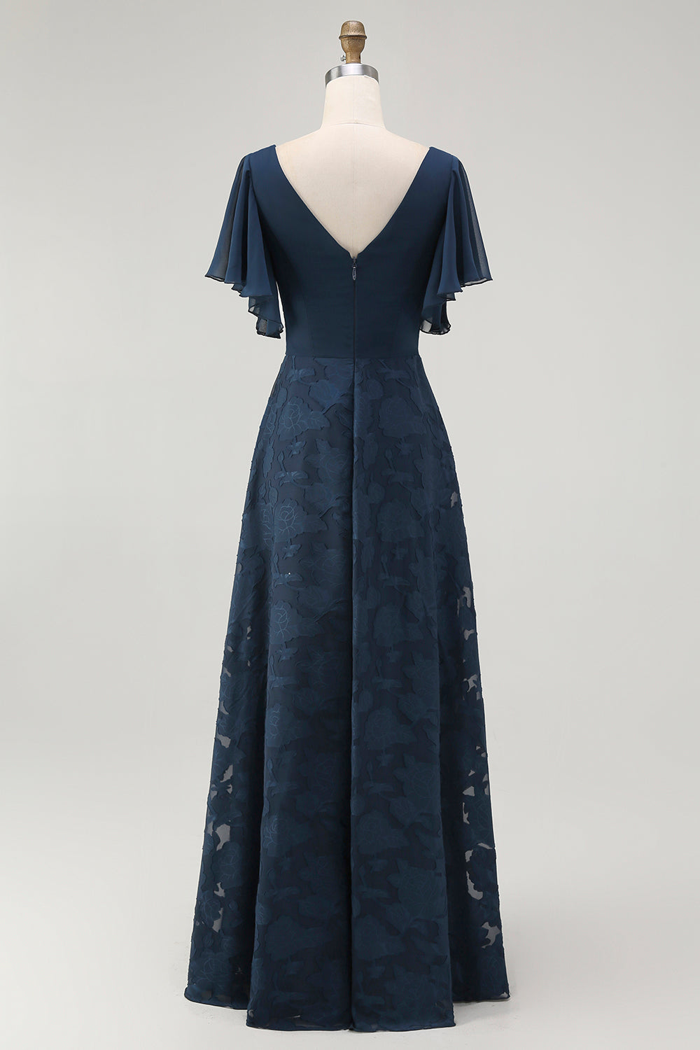 Navy V-Neck Floral Long Bridesmaid Dress with Sleeves
