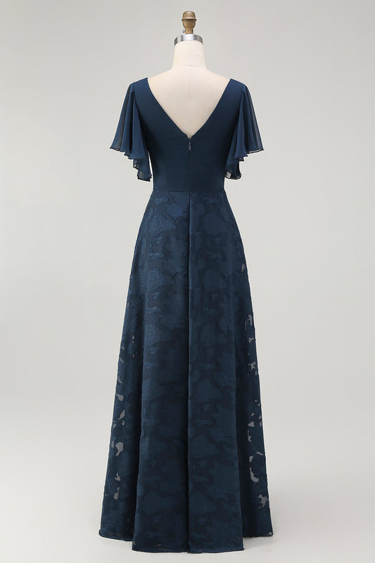 Navy V-Neck Floral Long Bridesmaid Dress with Sleeves