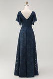 Navy V-Neck Floral Long Bridesmaid Dress with Sleeves