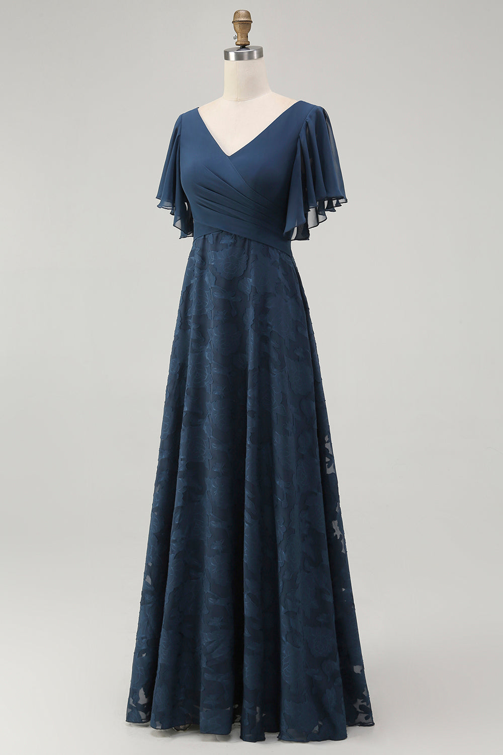 Navy V-Neck Floral Long Bridesmaid Dress with Sleeves
