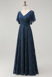 Navy V-Neck Floral Long Bridesmaid Dress with Sleeves
