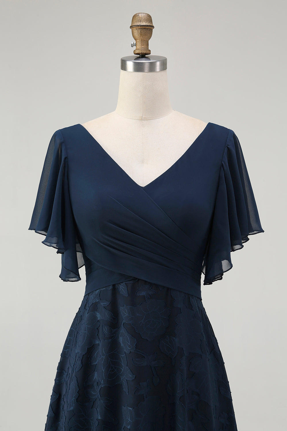 Navy V-Neck Floral Long Bridesmaid Dress with Sleeves