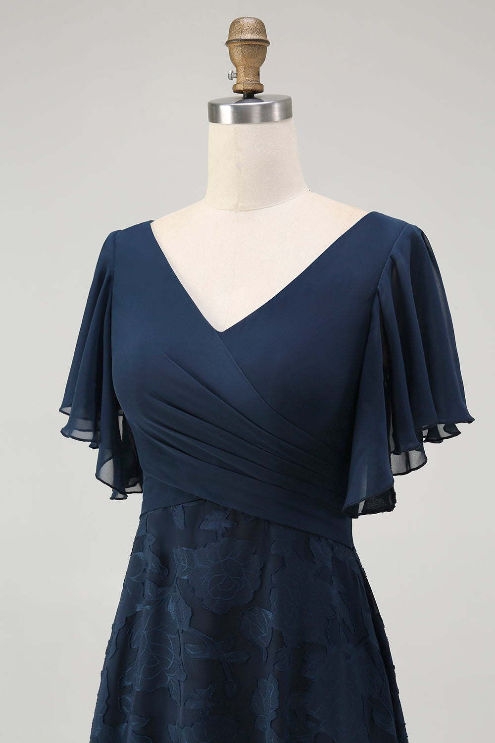 Navy V-Neck Floral Long Bridesmaid Dress with Sleeves
