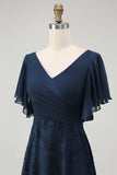 Navy V-Neck Floral Long Bridesmaid Dress with Sleeves