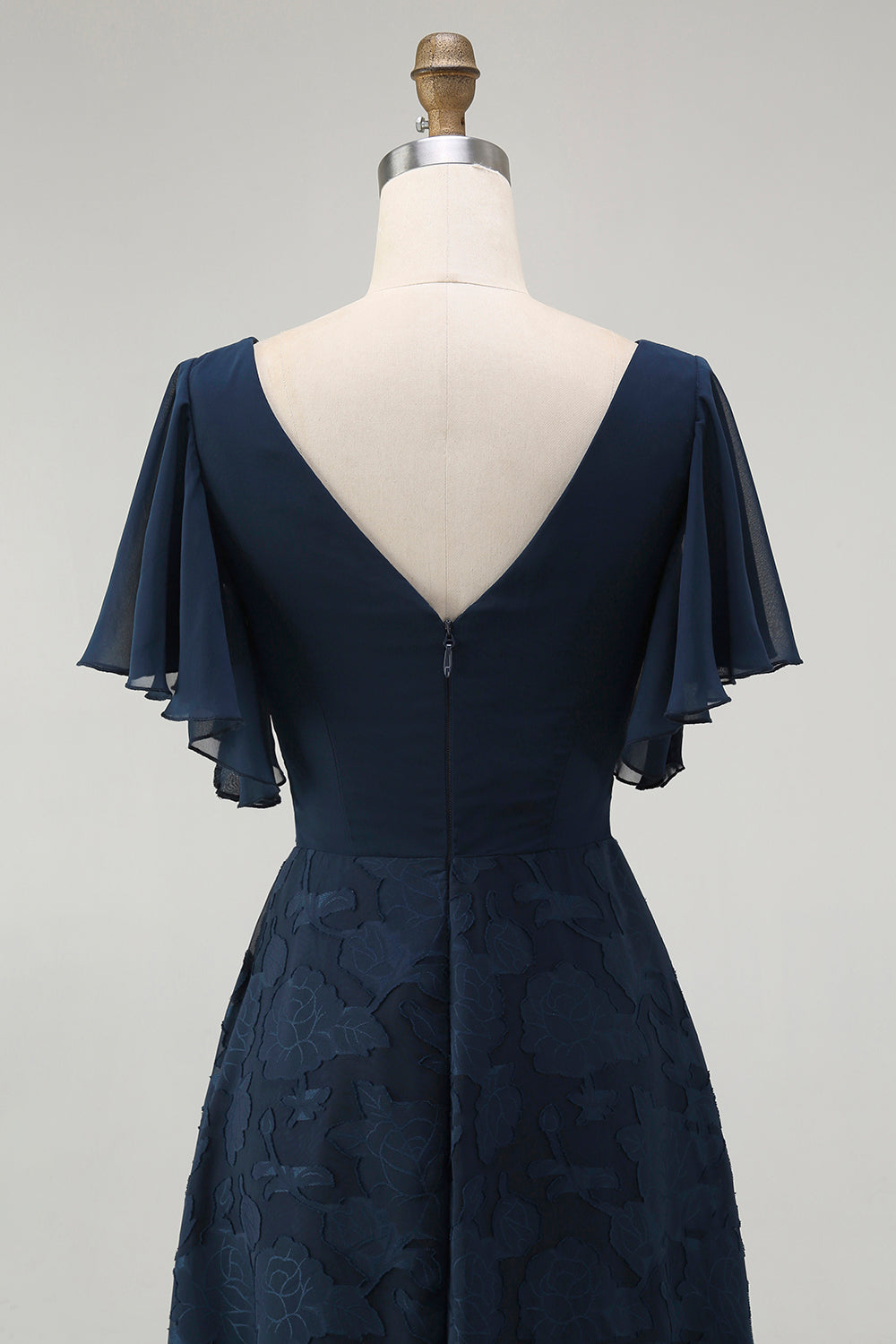 Navy V-Neck Floral Long Bridesmaid Dress with Sleeves