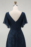 Navy V-Neck Floral Long Bridesmaid Dress with Sleeves