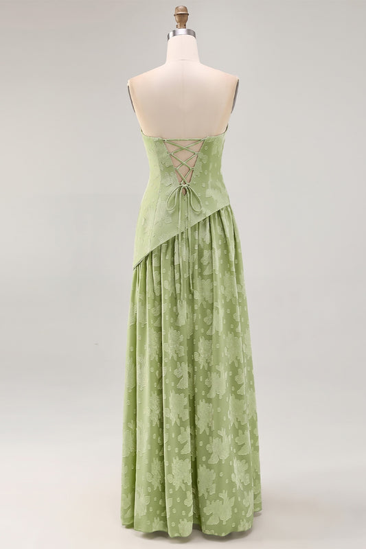 Sage Green Floral Strapless A Line Long Wedding Guest Dress with Slit