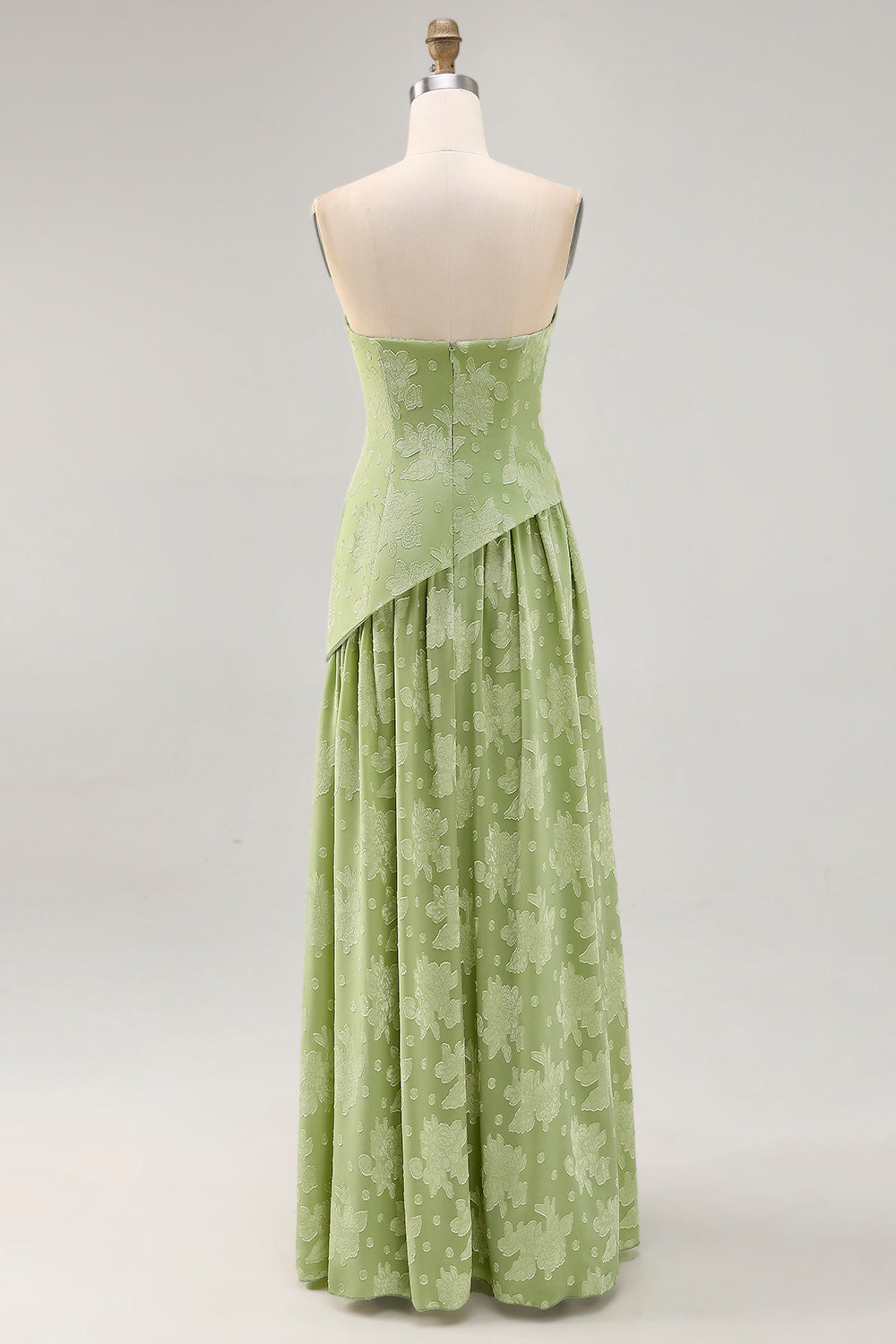 Sage Green Floral Strapless A Line Long Wedding Guest Dress with Slit