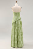 Sage Green Floral Strapless A Line Long Wedding Guest Dress with Slit