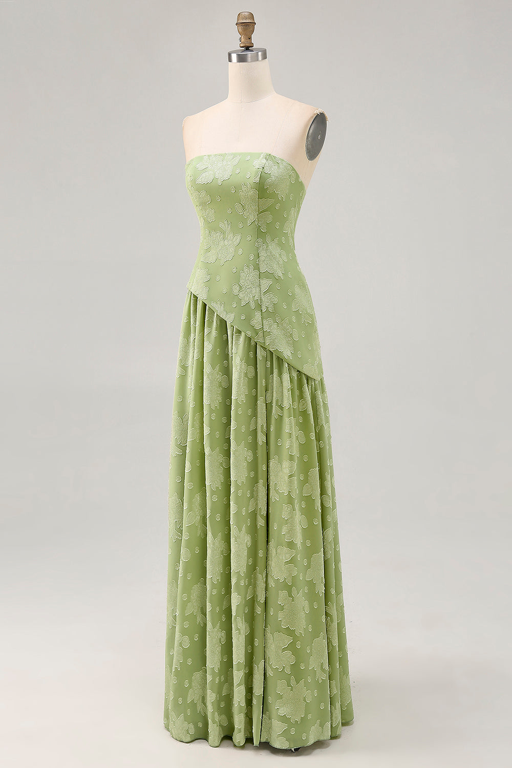 Sage Green Floral Strapless A Line Long Wedding Guest Dress with Slit