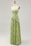 Sage Green Floral Strapless A Line Long Wedding Guest Dress with Slit