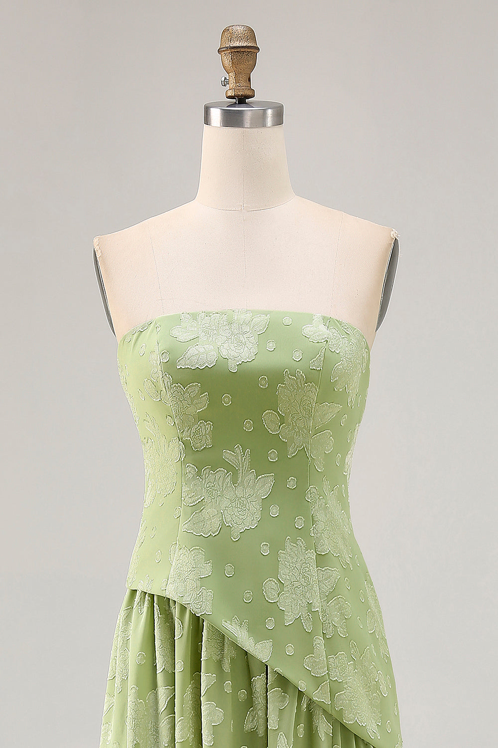 Sage Green Floral Strapless A Line Long Wedding Guest Dress with Slit