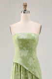 Sage Green Floral Strapless A Line Long Wedding Guest Dress with Slit