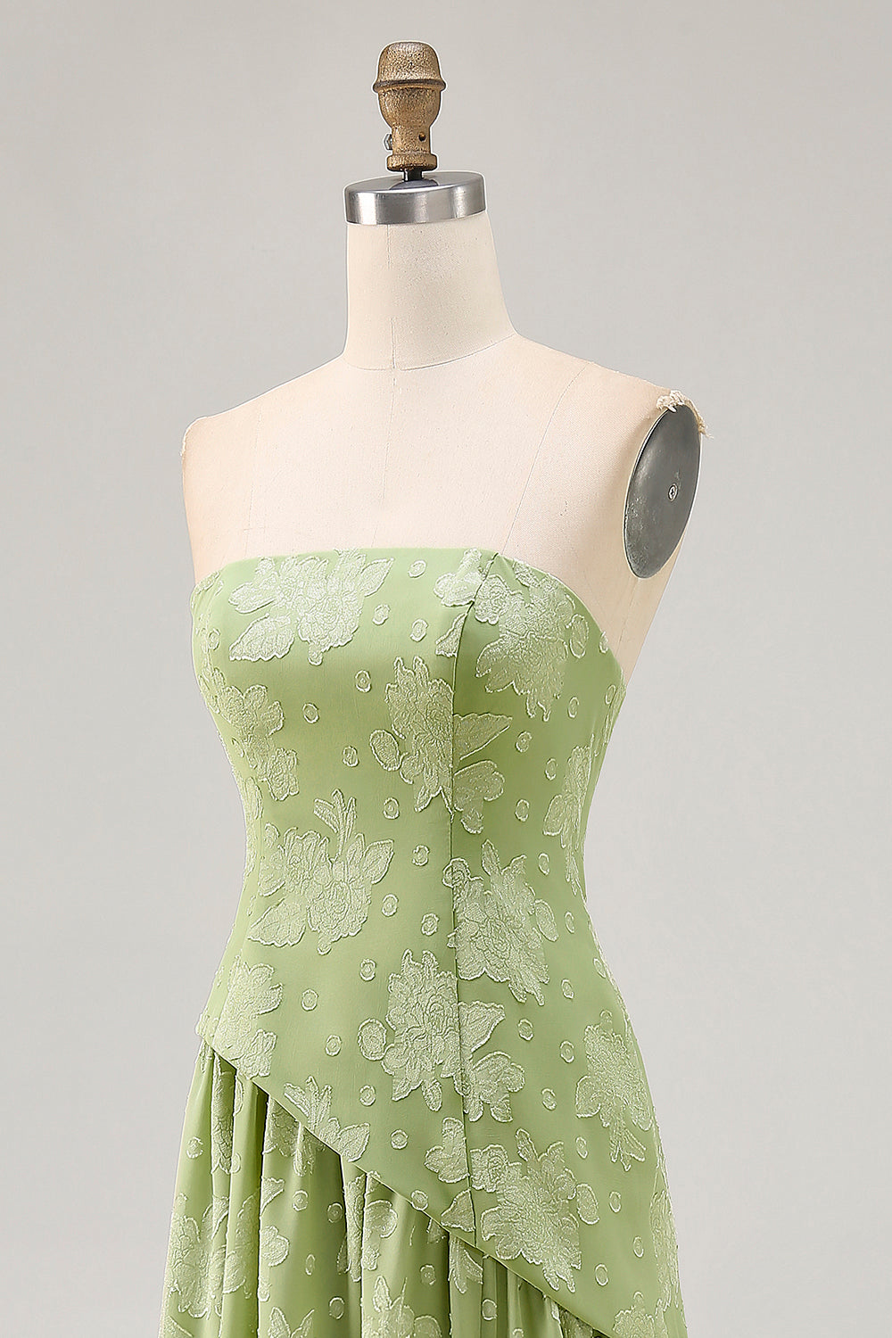 Sage Green Floral Strapless A Line Long Wedding Guest Dress with Slit