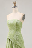 Sage Green Floral Strapless A Line Long Wedding Guest Dress with Slit