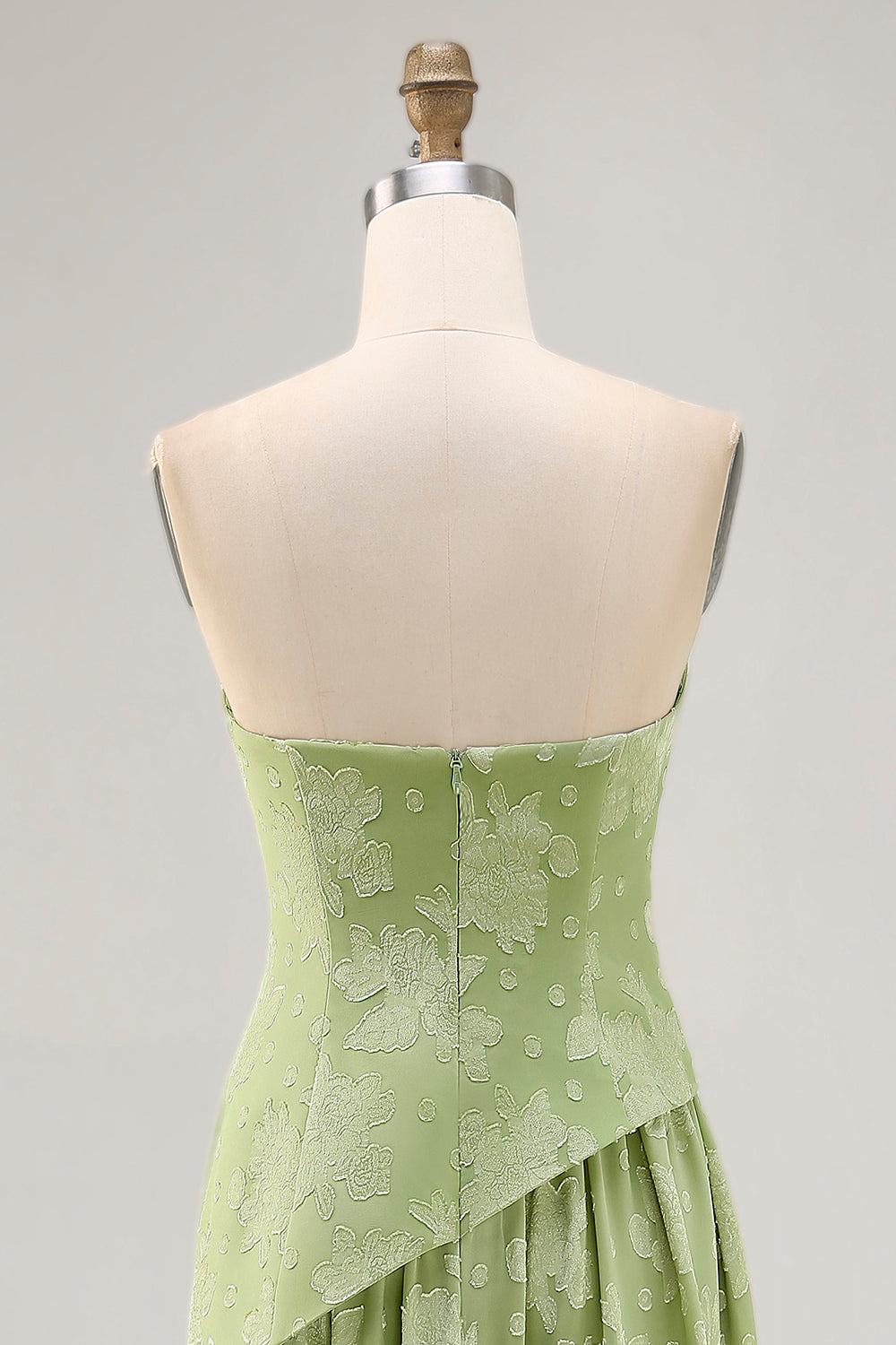 Sage Green Floral Strapless A Line Long Wedding Guest Dress with Slit