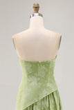 Sage Green Floral Strapless A Line Long Wedding Guest Dress with Slit