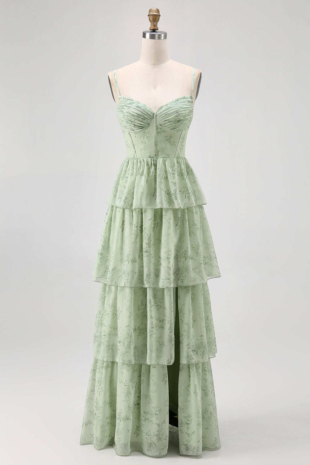 Dusty Sage Corset Tiered A Line Long Bridesmaid Dress with Slit