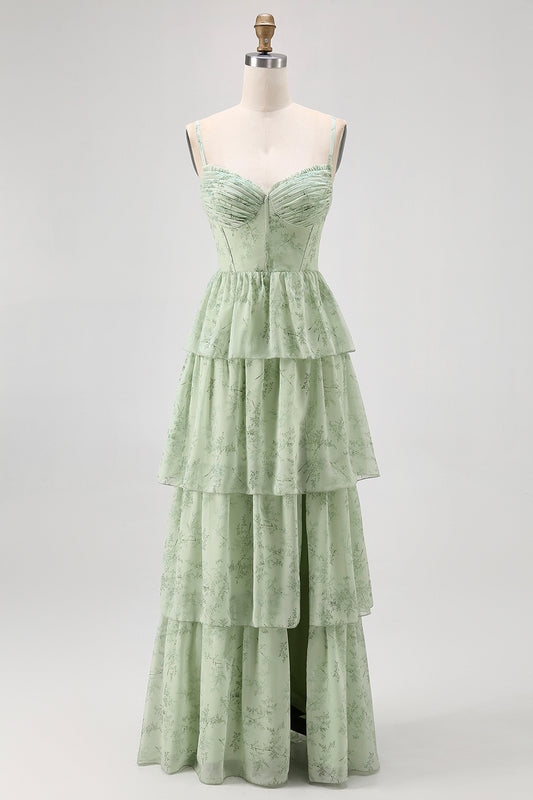 Dusty Sage Corset Tiered A Line Long Bridesmaid Dress with Slit
