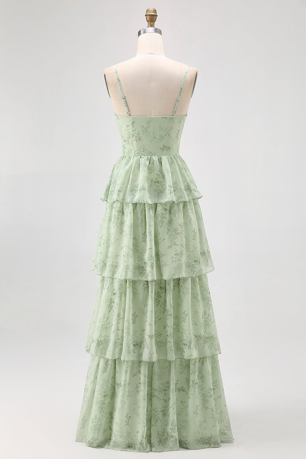 Dusty Sage Corset Tiered A Line Long Bridesmaid Dress with Slit