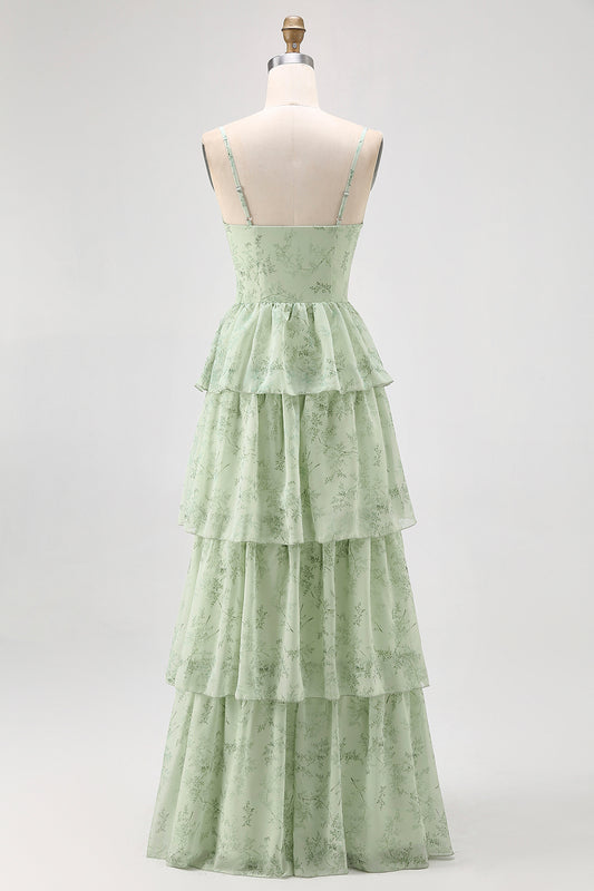 Dusty Sage Corset Tiered A Line Long Bridesmaid Dress with Slit