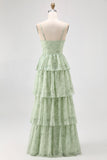 Dusty Sage Corset Tiered A Line Long Bridesmaid Dress with Slit
