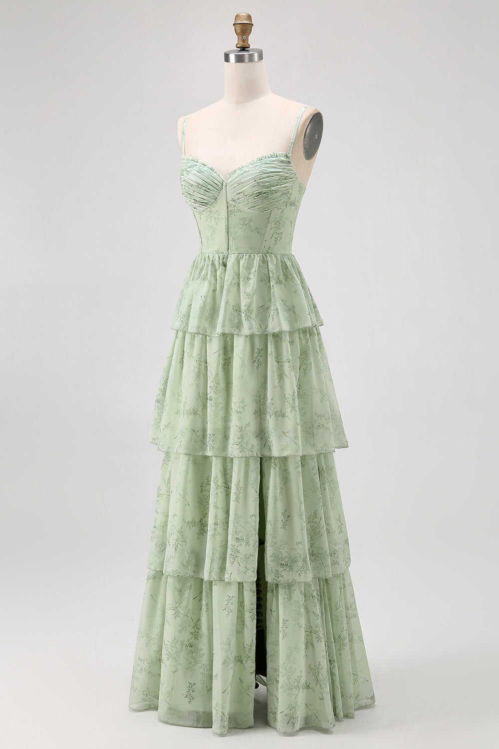 Dusty Sage Corset Tiered A Line Long Bridesmaid Dress with Slit