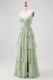 Dusty Sage Corset Tiered A Line Long Bridesmaid Dress with Slit