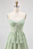 Dusty Sage Corset Tiered A Line Long Bridesmaid Dress with Slit
