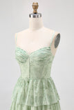 Dusty Sage Corset Tiered A Line Long Bridesmaid Dress with Slit