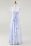 Blue Chiffon Floral A-Line V-Neck Long Wedding Guest Dress with Sleeves